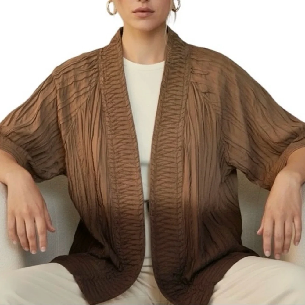 Chico’s Ombre Chocolate Brown Woven Ribbon Elbow Length Sleeve Open Jacket Top